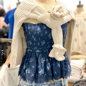 NWOT Smocked Floral Eyelet Strapless Top